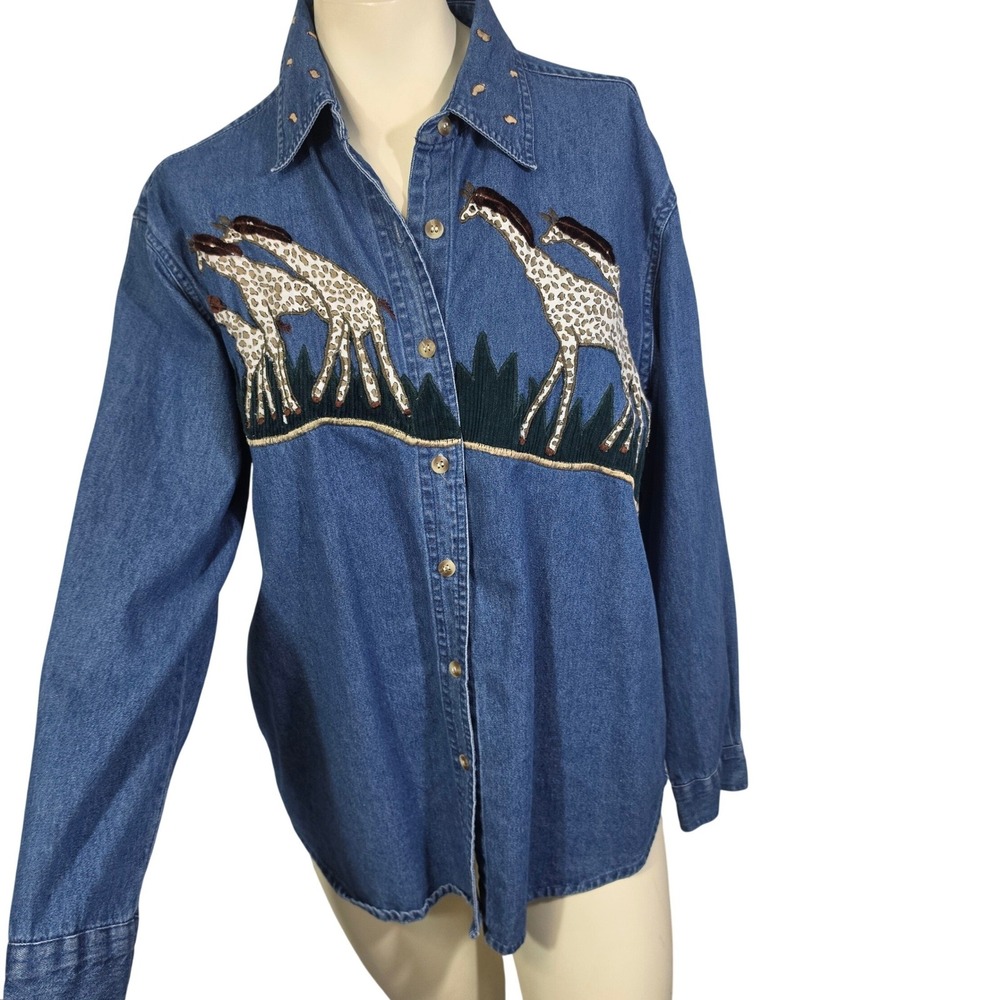 Vintage New Direction Denim Shirt Womens M Embroidered Giraffe Safari eclectic
